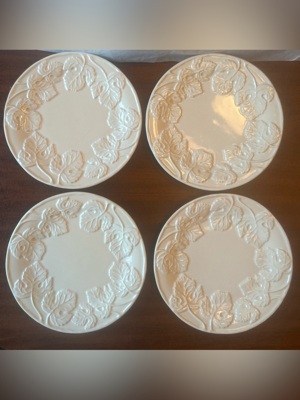 Set Of 4 Four Cream 8” Plates Embossed With Leaf Pattern Fall